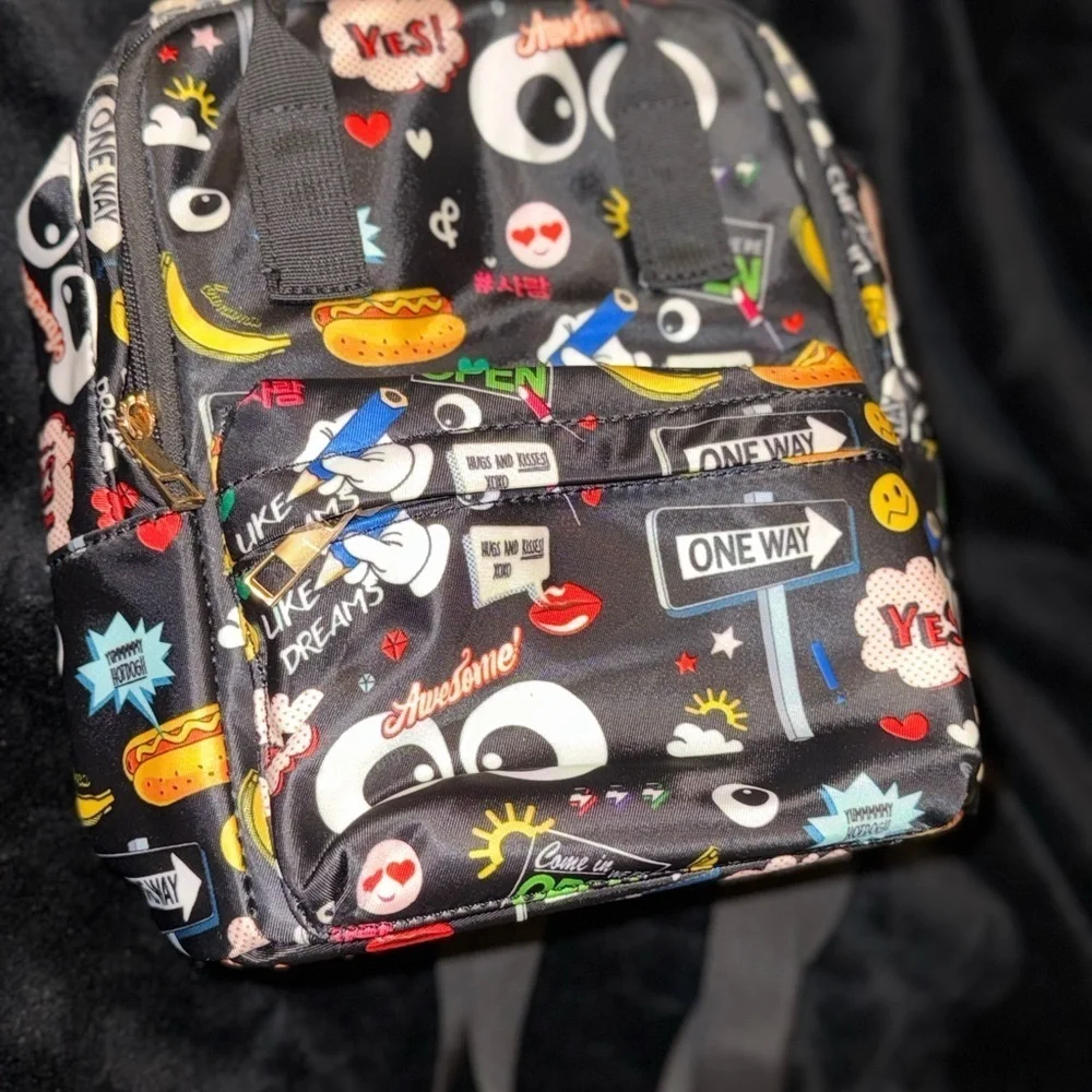 Black Graphic Pop Art Bag with Cartoon Elements